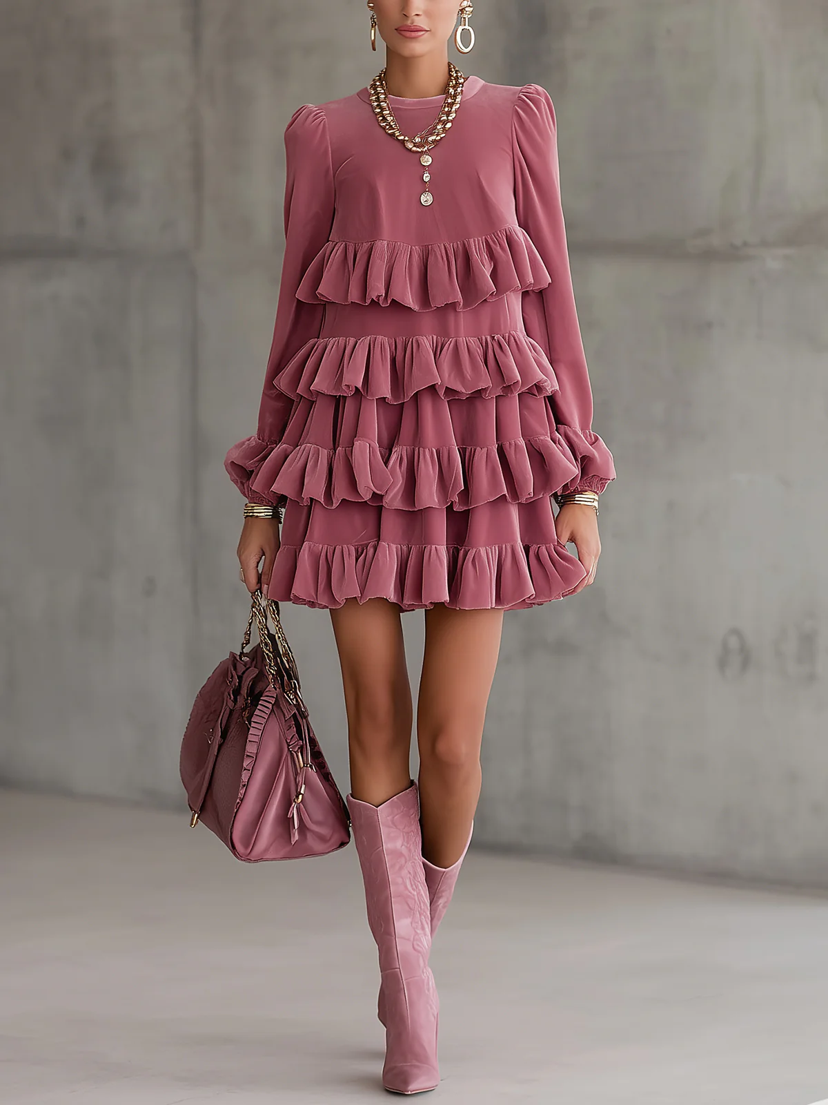 Rose Tiered Ruffle Velvet Mini Dress With Long Sleeves