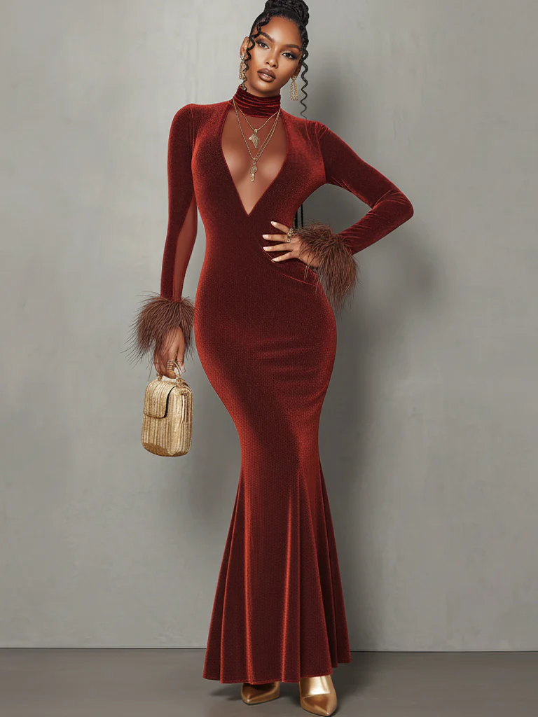 Red Velvet Mesh Trimmed Feather Cuff Mermaid Maxi Dress