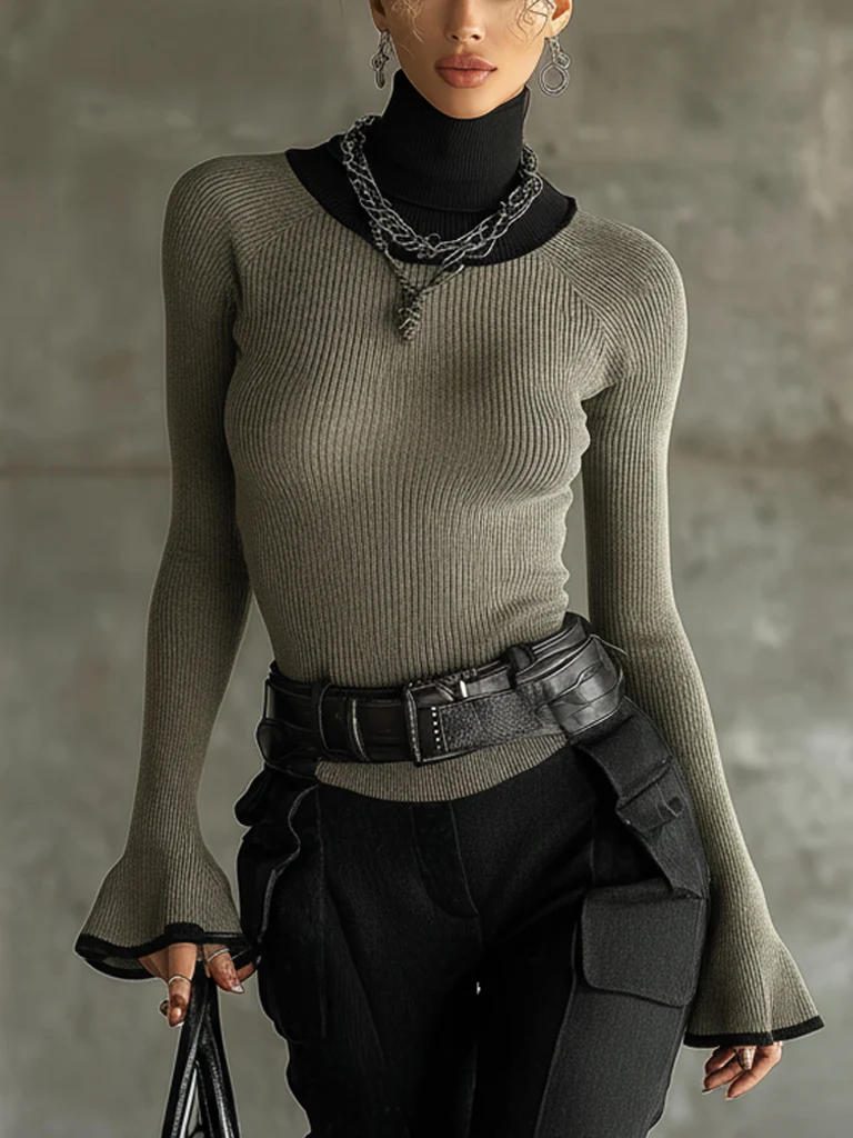 Sage Green Ribbed Turtleneck Flare Sleeve Top