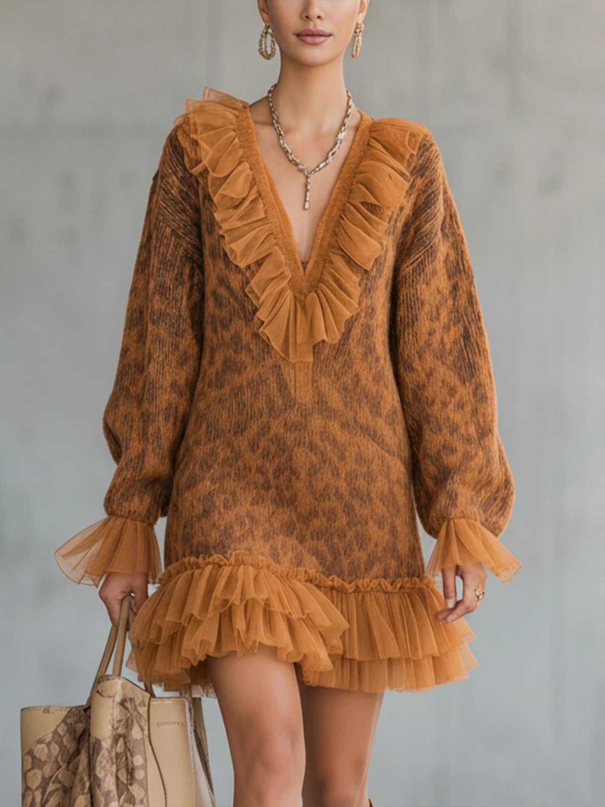 Orange Leopard Knit Mini Dress With Tulle Ruffle Trim