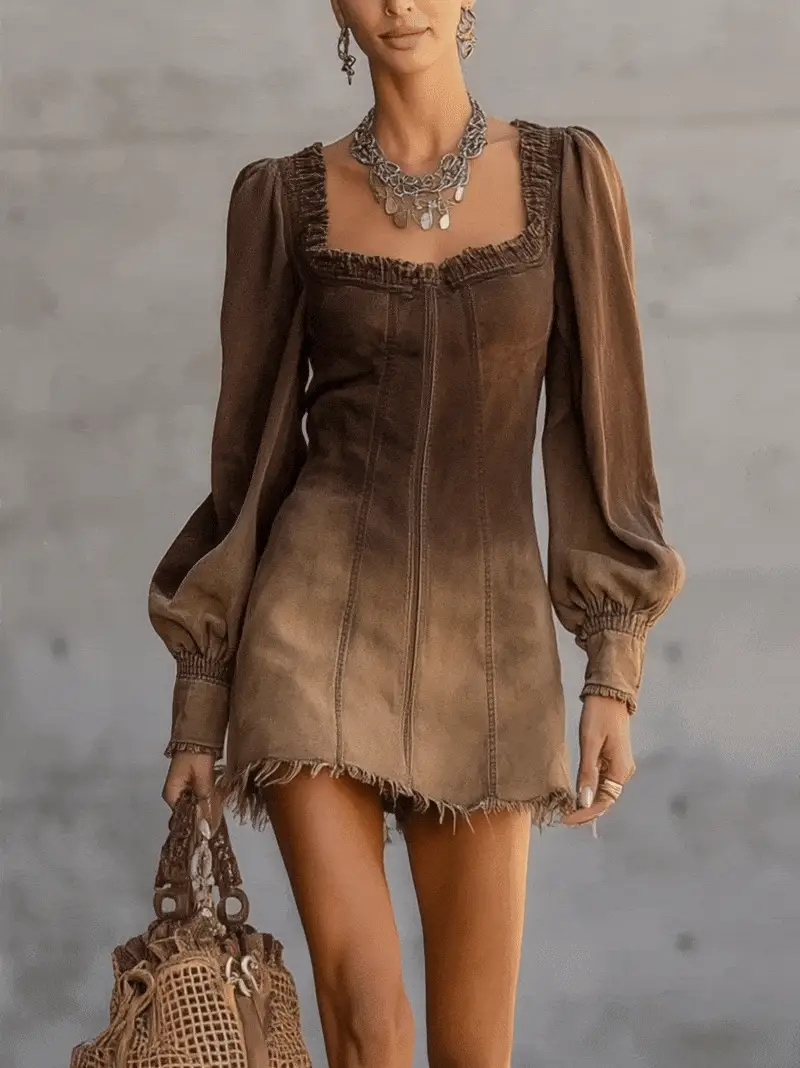 Ombre Brown Puff Sleeve Denim Mini Dress