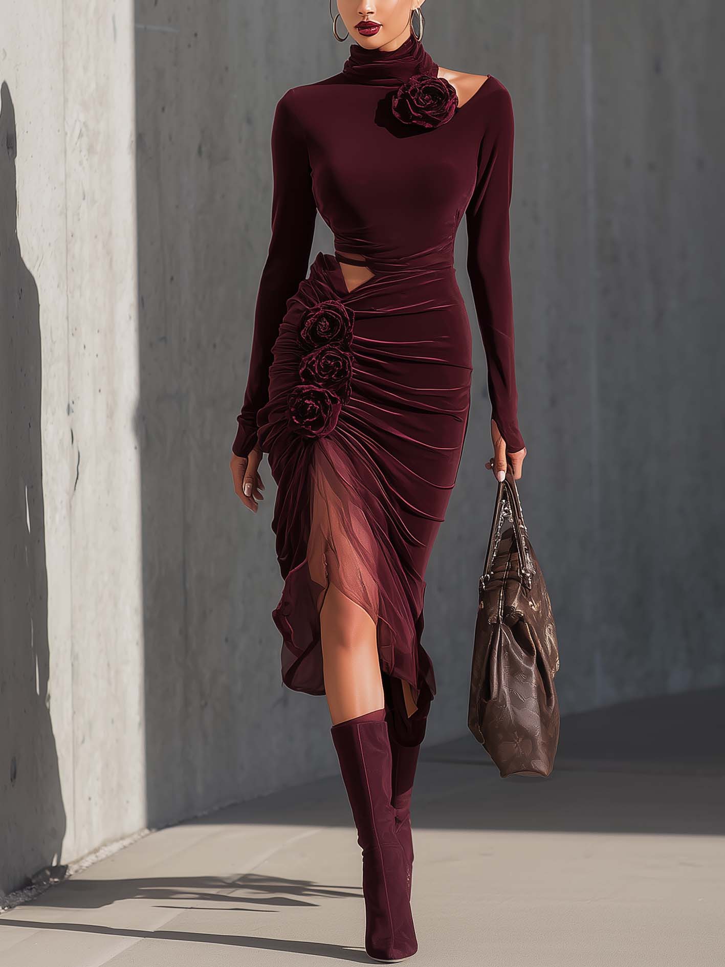 Burgundy Velvet Bodycon Dress 3D Flower With Organza Patchwork