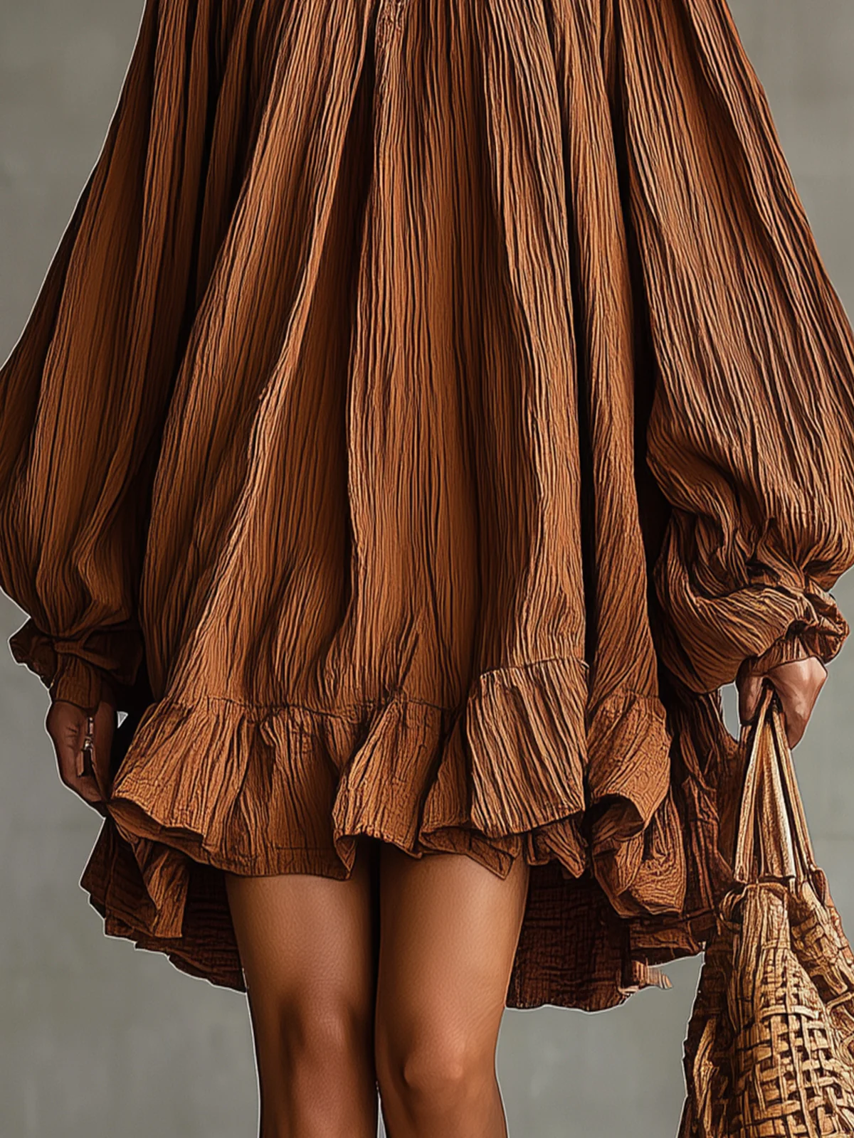 Brown Crinkled Mini Dress With Voluminous Sleeves