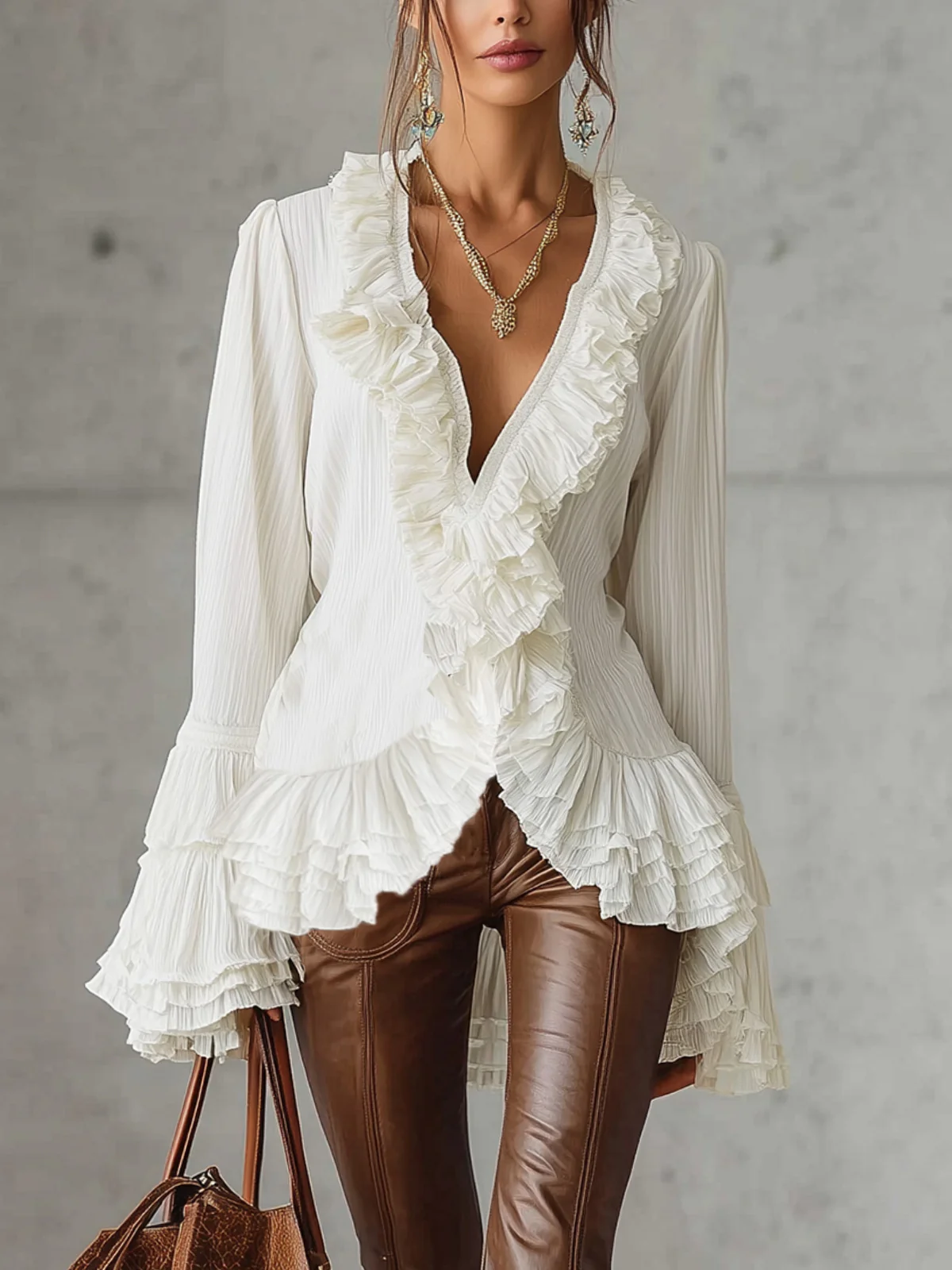 White Ruffled Blouse With Pleated Details And Flared Sleeves