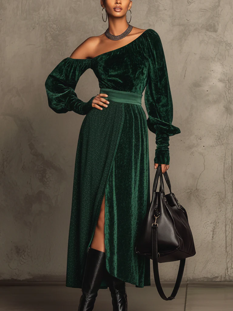 Green Velvet Trim Shimmering Maxi Dress