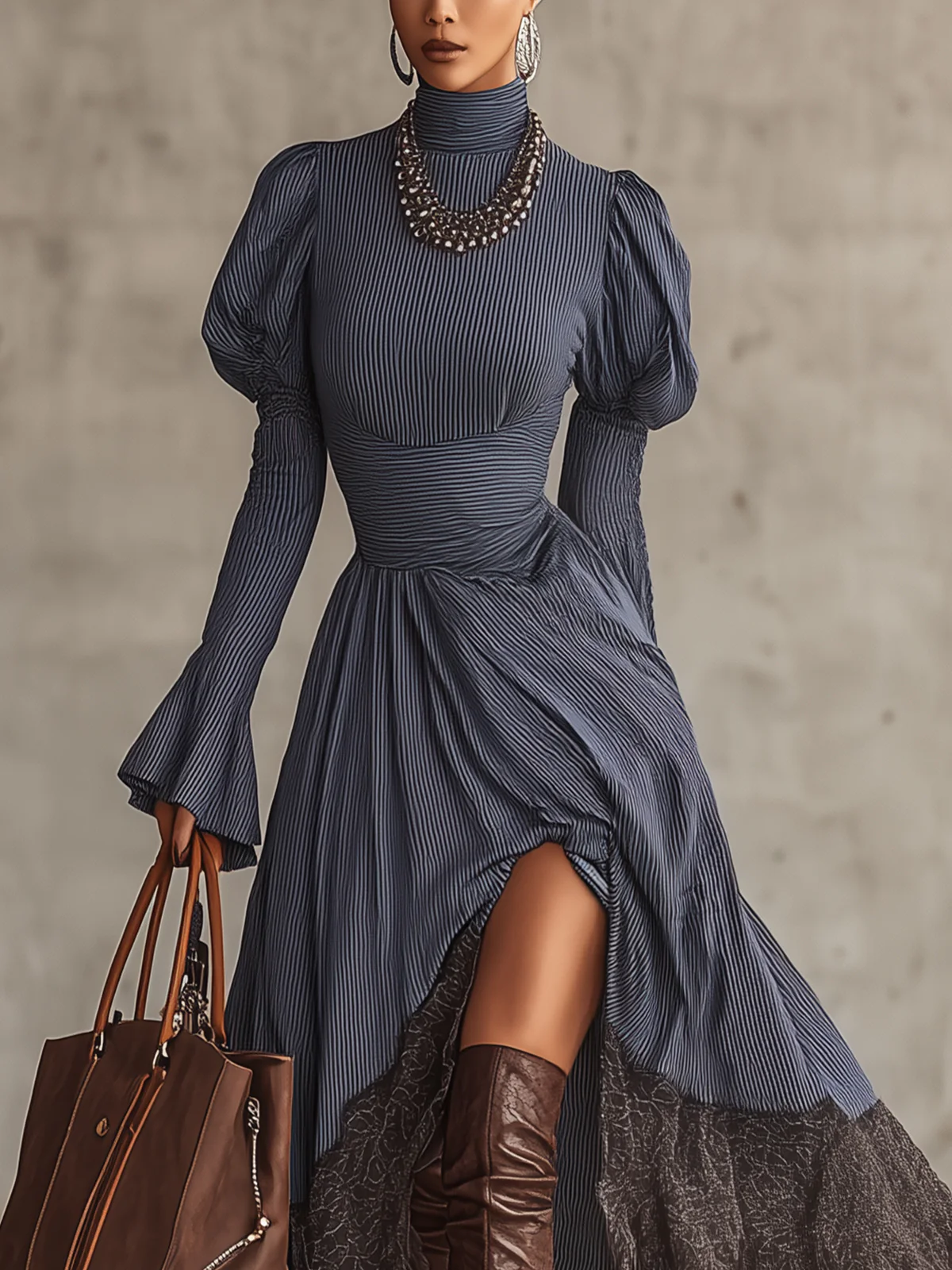 Navy Pinstripe High Neck Puff Sleeve Midi Dress With Lace Hem Detail