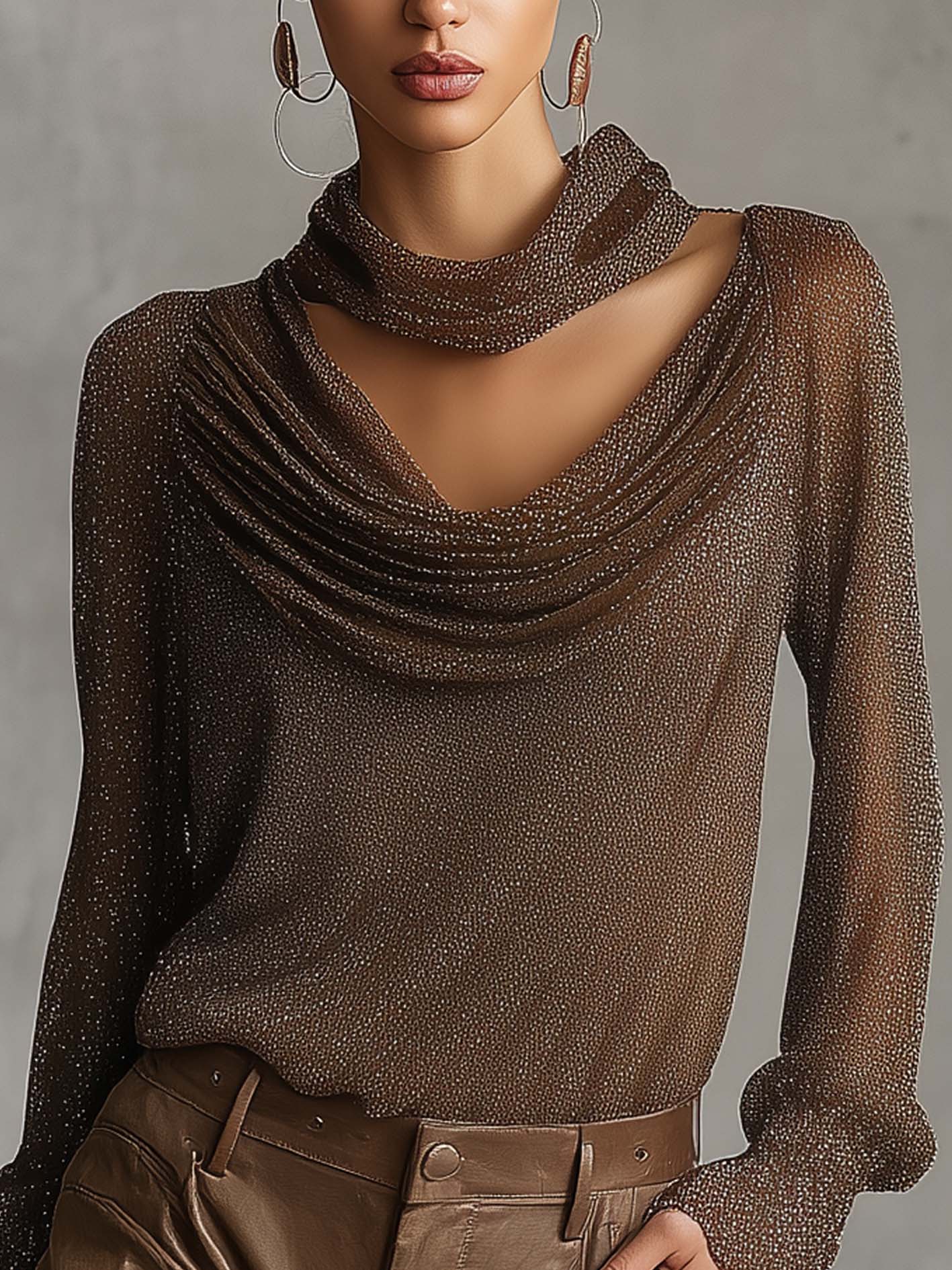 Shimmer Brown Draped Ruched Long Sleeve Shirt