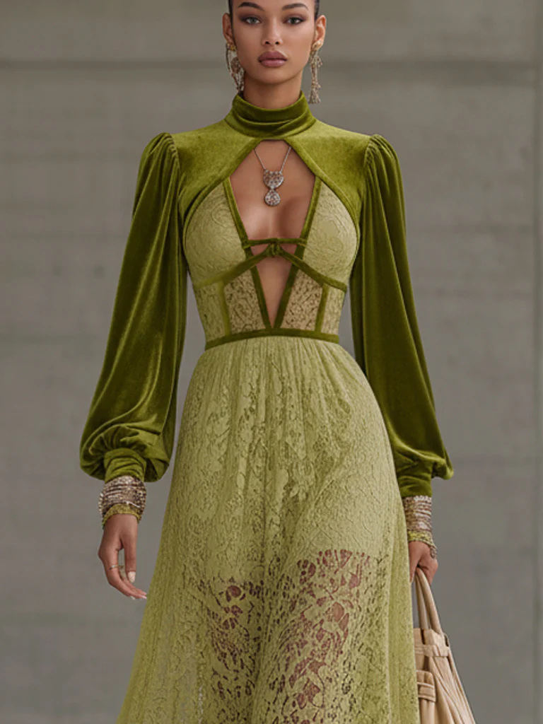 Lime Green Velvet And Lace Deep V-Neck Puff Sleeve Dress