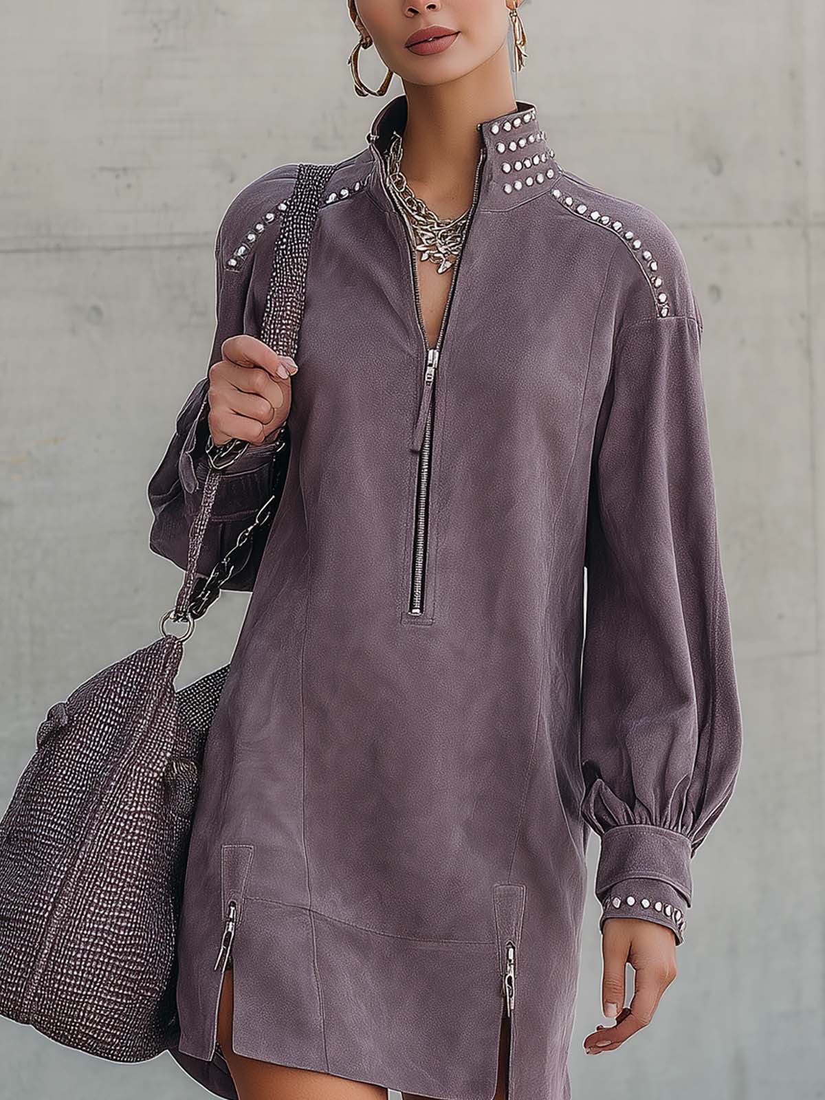 Purple Faux Suede Studded Zipper Double Slit Mini Dress