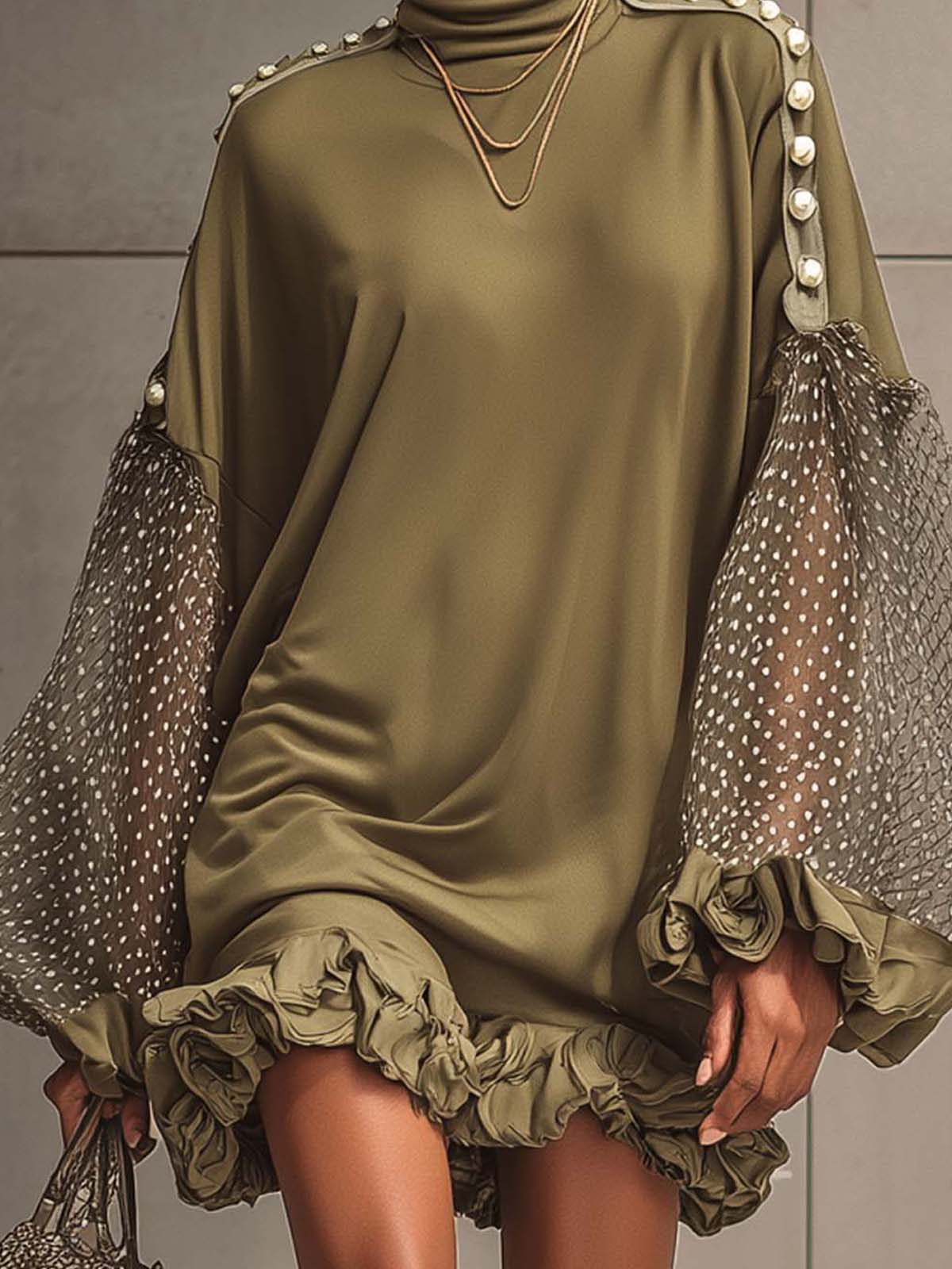 Olive Green Blended Polka Dot Tulle Puff Sleeve Faux Pearl Button Ruffle Mini Dress