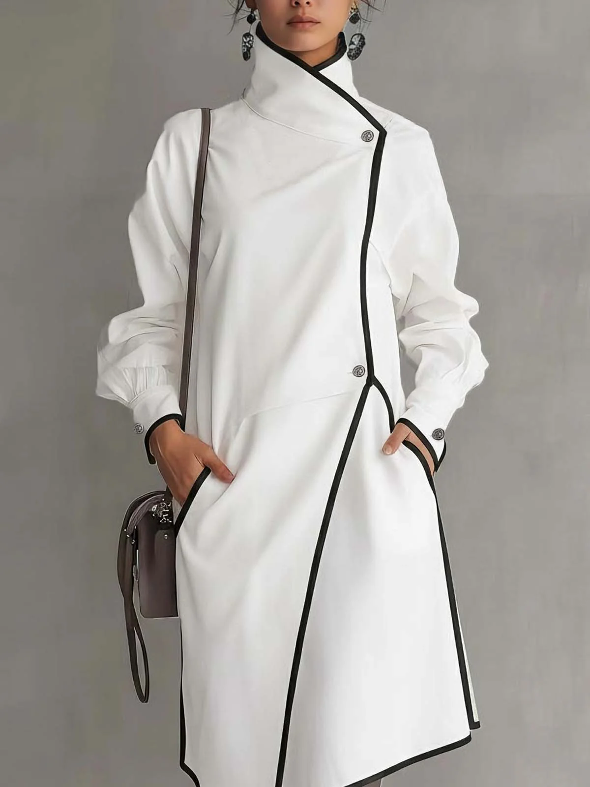 White Blended Fabric Asymmetrical Double-slit Midi Dress