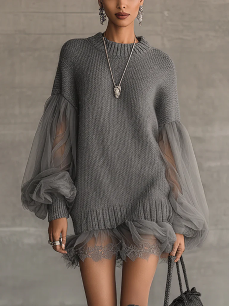 Gray Knit Chiffon Lantern Sleeve Lace Mini Dress