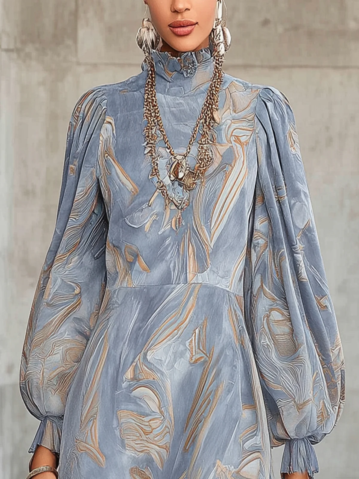 Marbled Blue High-Neck Long Sleeve Faux Suede Mini Dress With Fringe Hem