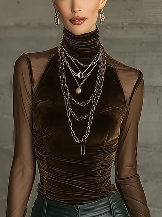 Brown Velvet Mesh Mock Neck Top With Ruched Detailing