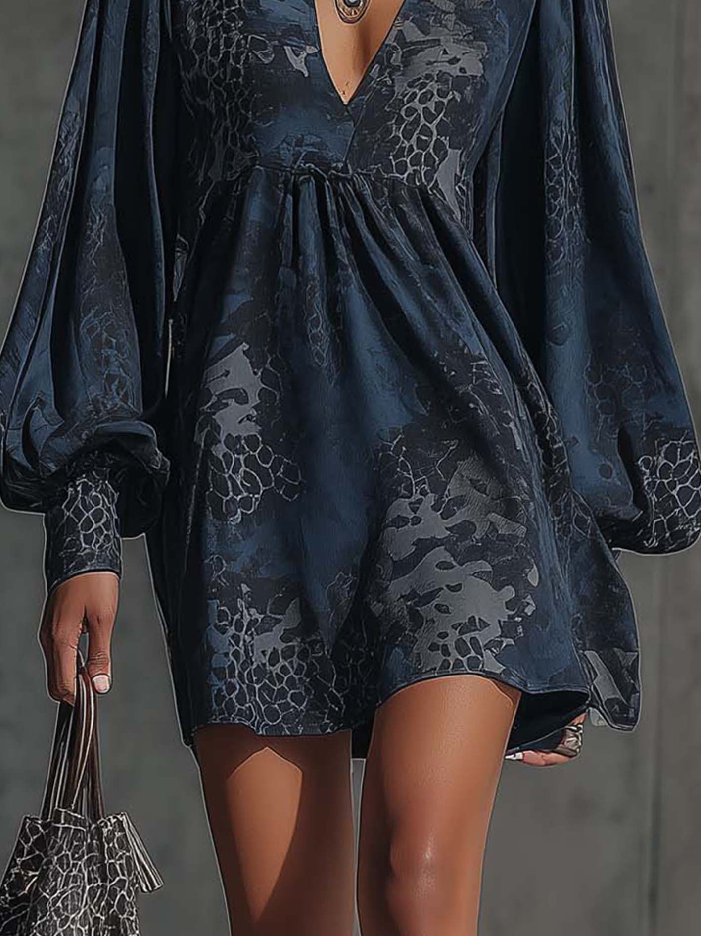 Gradient Gray Leopard Print Blue Faux Suede Mini Dress