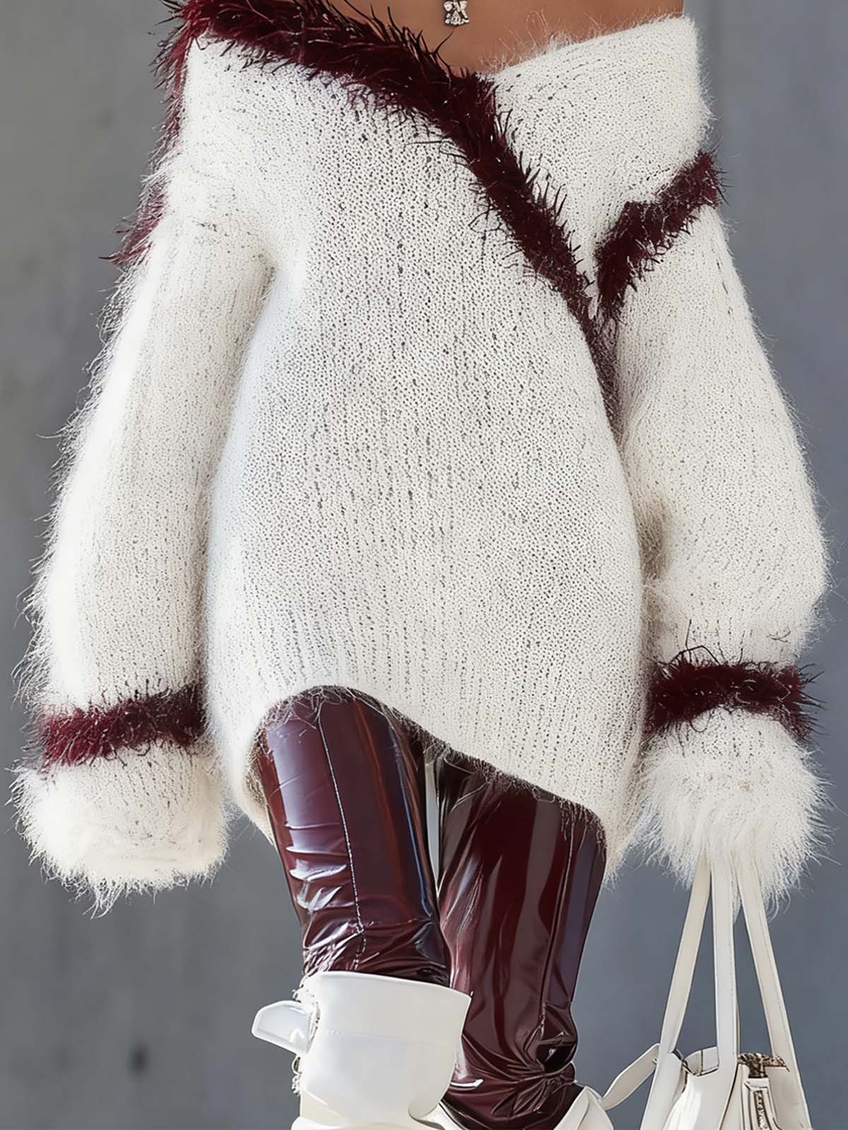 White Blended Knit Feather Trimmed Off Shoulder Pullover Sweater