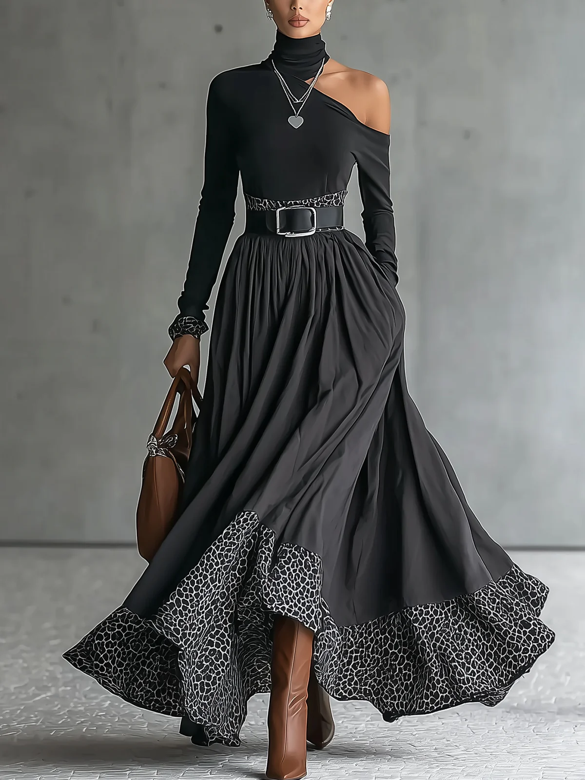 Black One-Shoulder Turtleneck Belted Maxi Dress With Leopard Print Hem