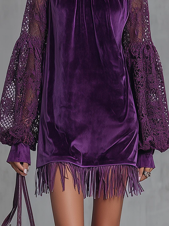 Purple Velvet Mini Dress With Lace Balloon Sleeves And Fringe Hem