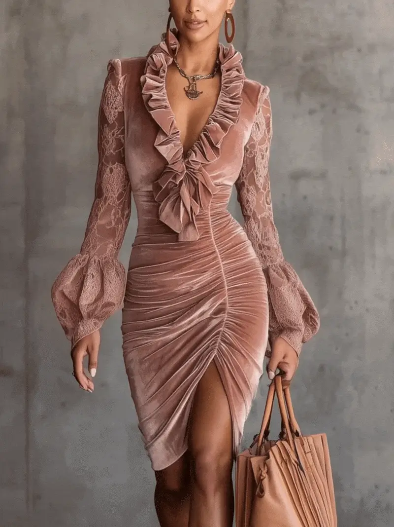 Pink Velvet Ruffled V-Neck Dress With Lace Balloon Sleeves