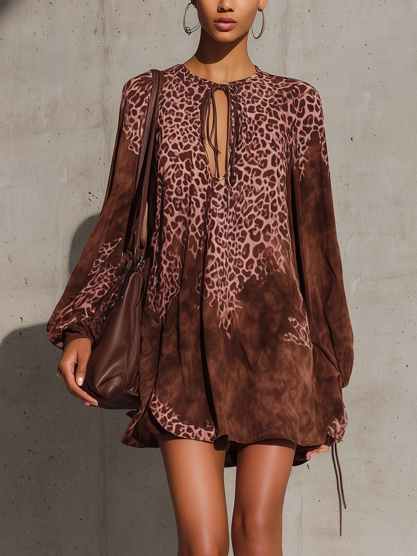 Gradient Leopard Print Brown Faux Suede Mini Dress