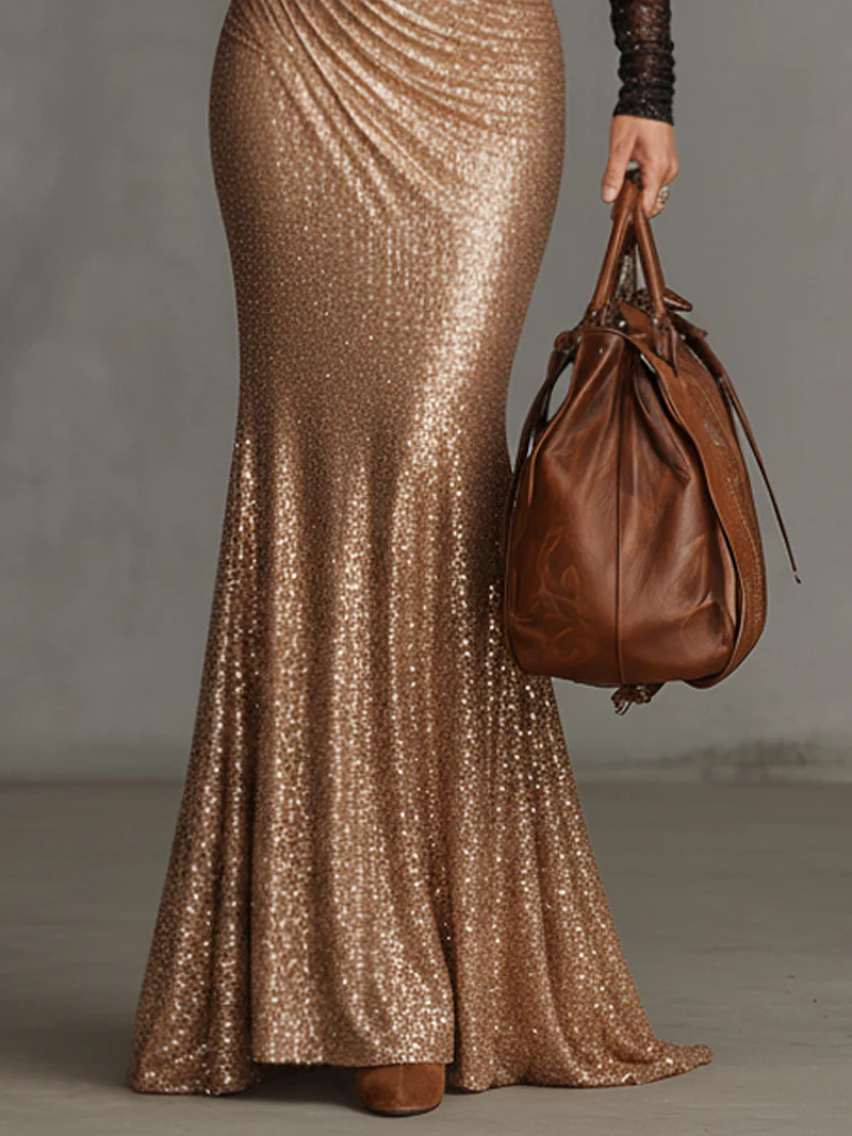 Champagne Deep V-neck Long Dress With Black Mesh Sleeves