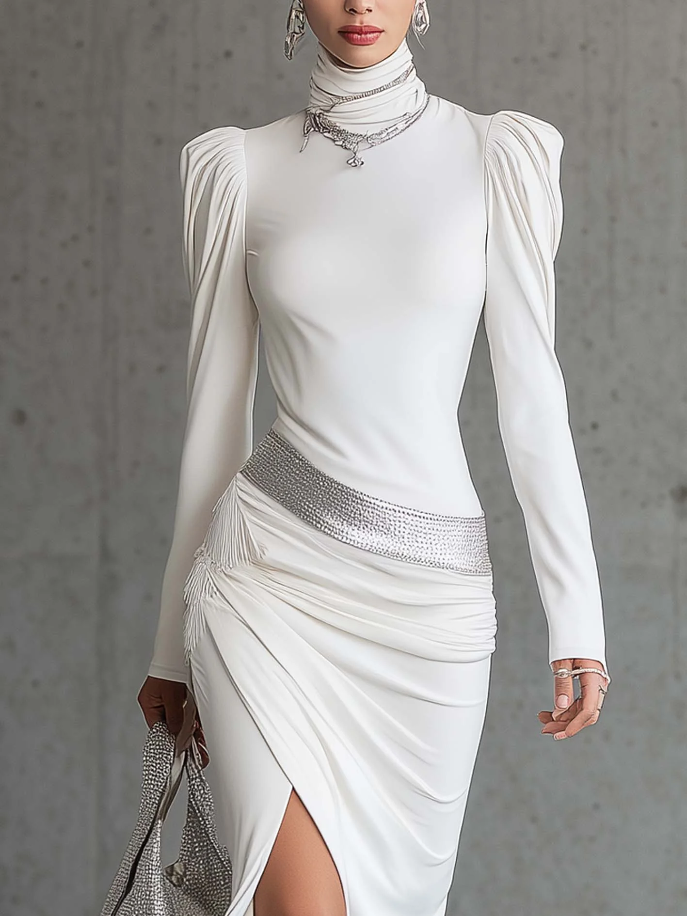 White Ruched Bodycon Dress With Silver Sequin Panel And Side Slit