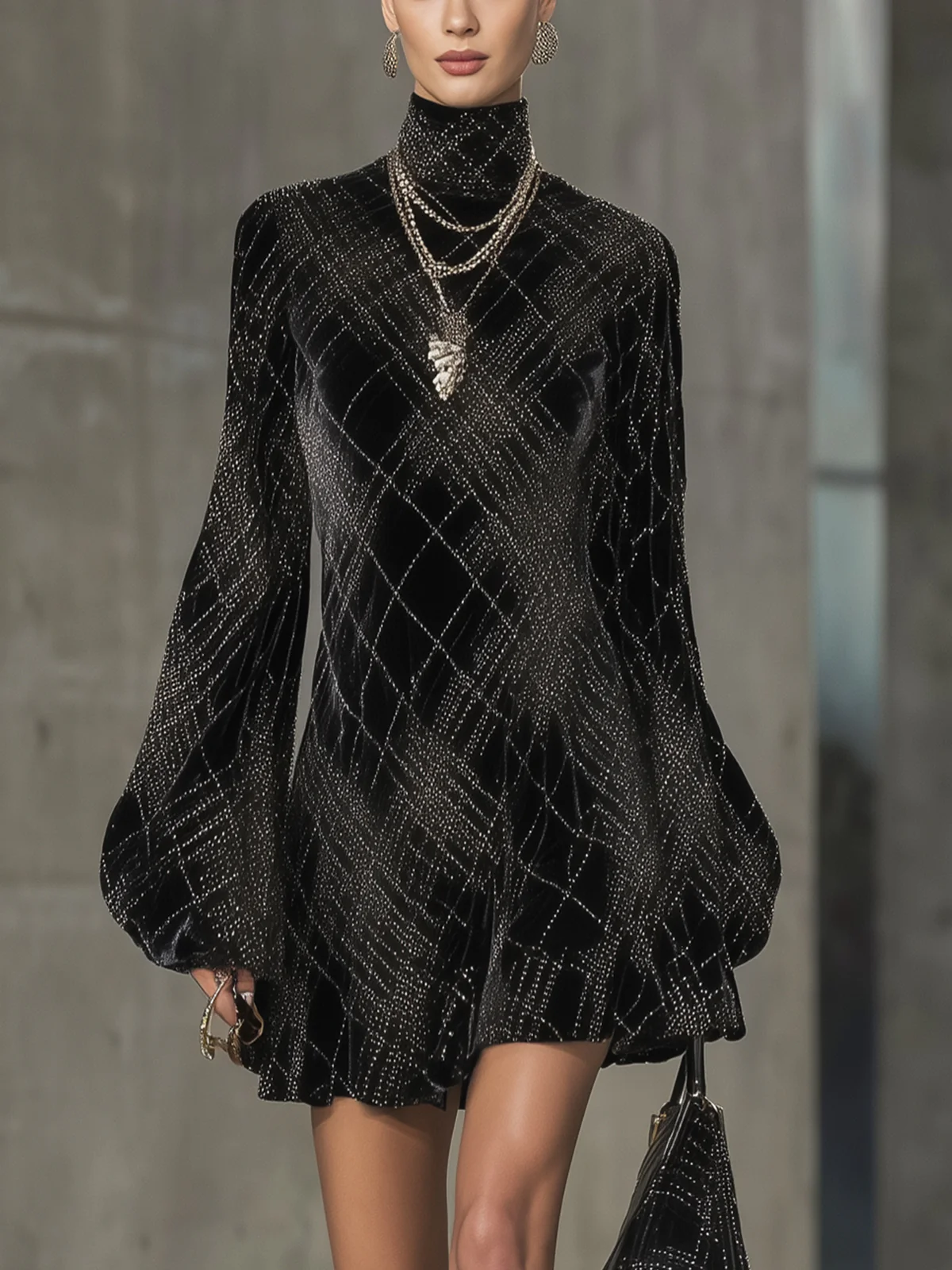 Black Velvet Silver Plaid Pattern High-Neck Mini Dress