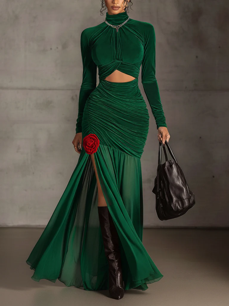 Green Velvet Chiffon Dress With Removable Red Rose