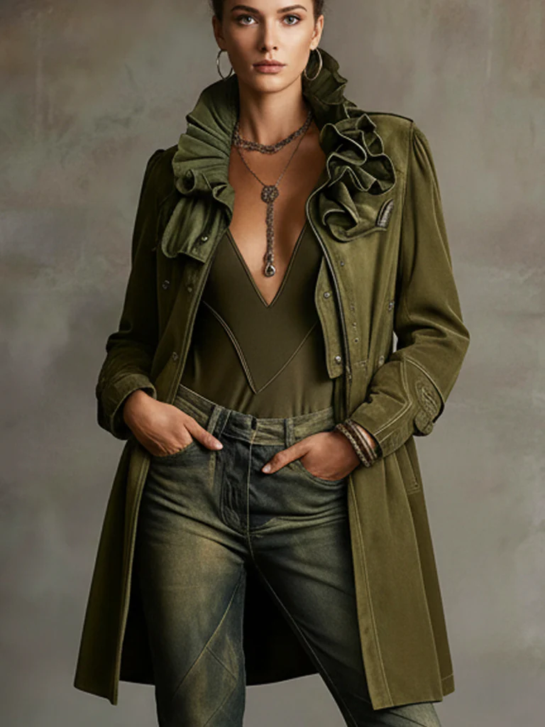 Green Suede Ruffle Collar Midi Coat