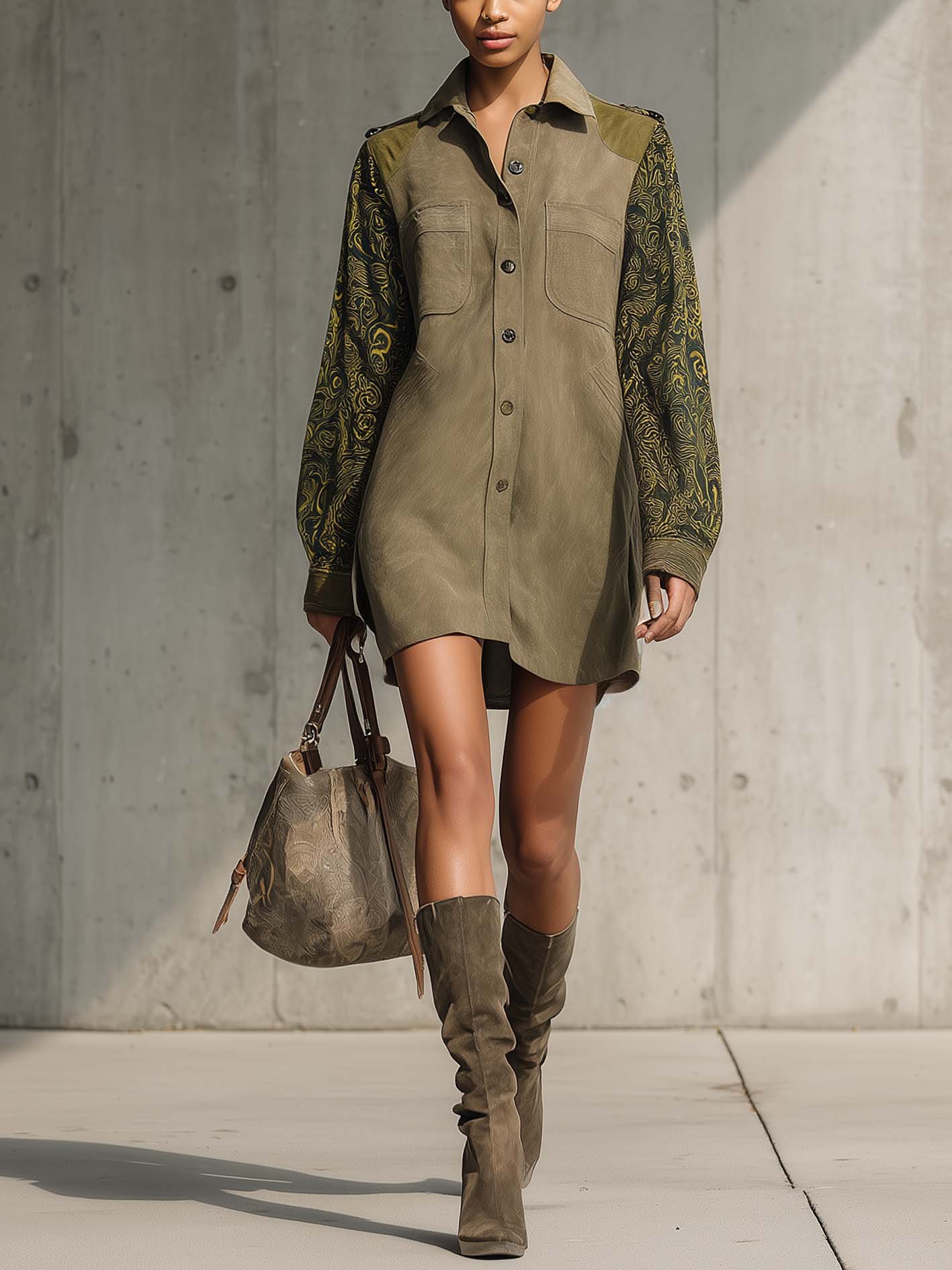 Olive Green Faux Suede Mini Shirt Dress With Vintage Print
