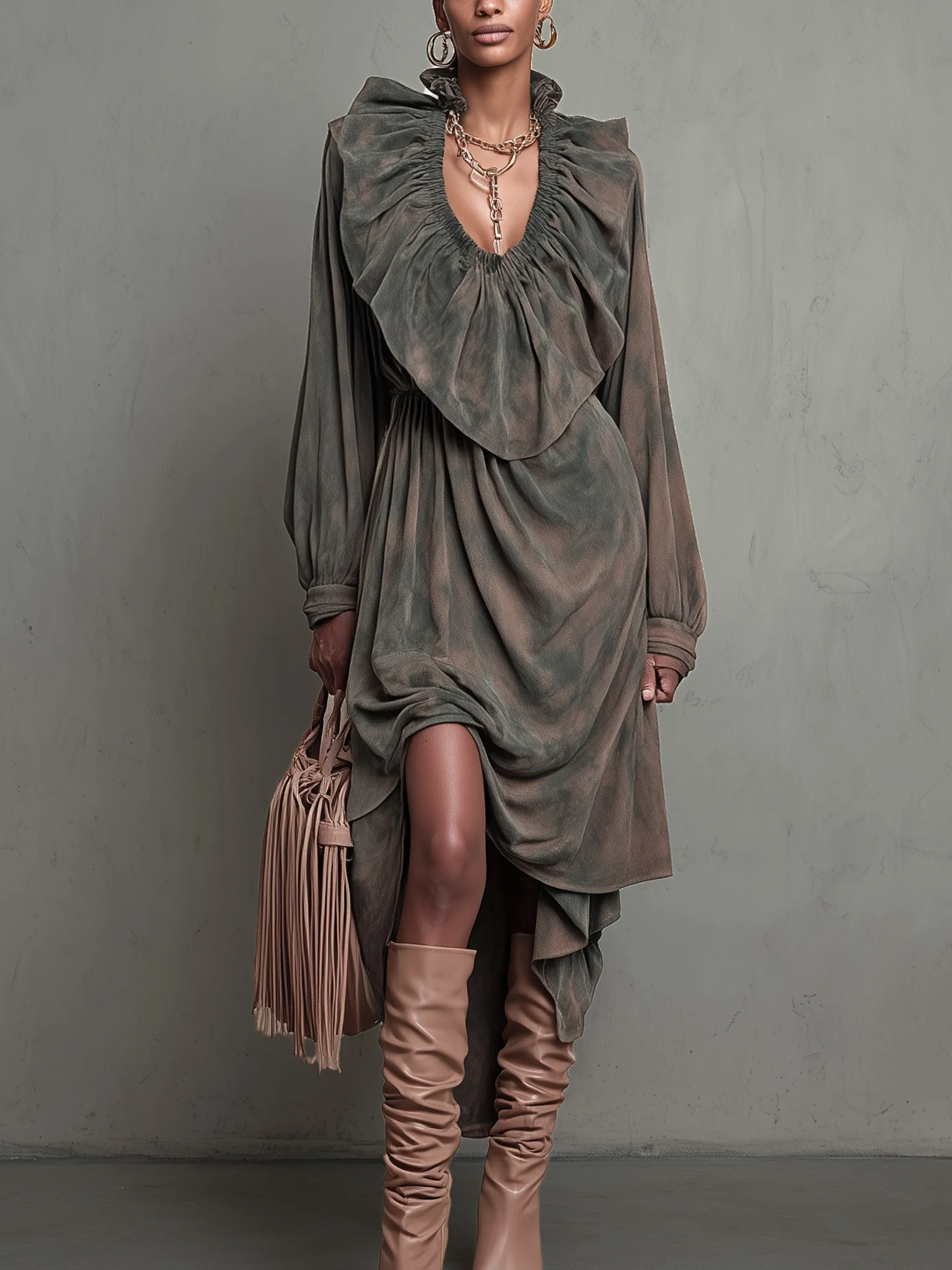 Vintage Green Suede Ruffled Collar Long Sleeve Midi Dress