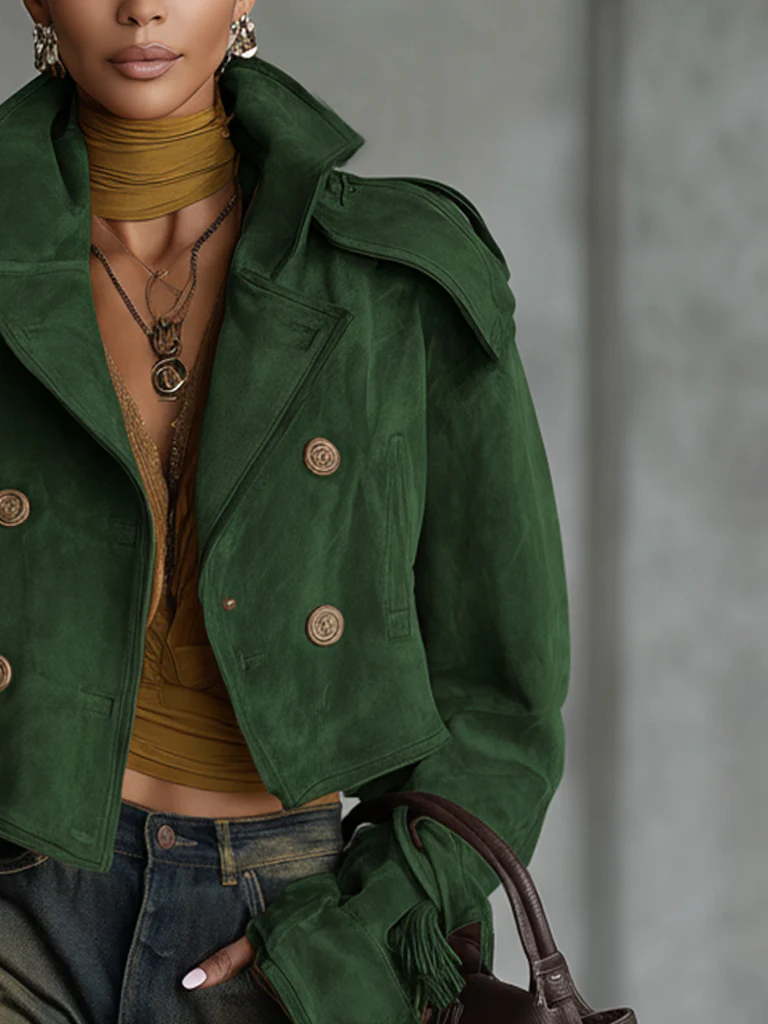 Forest Green Distressed Suede Double Breasted Jacket