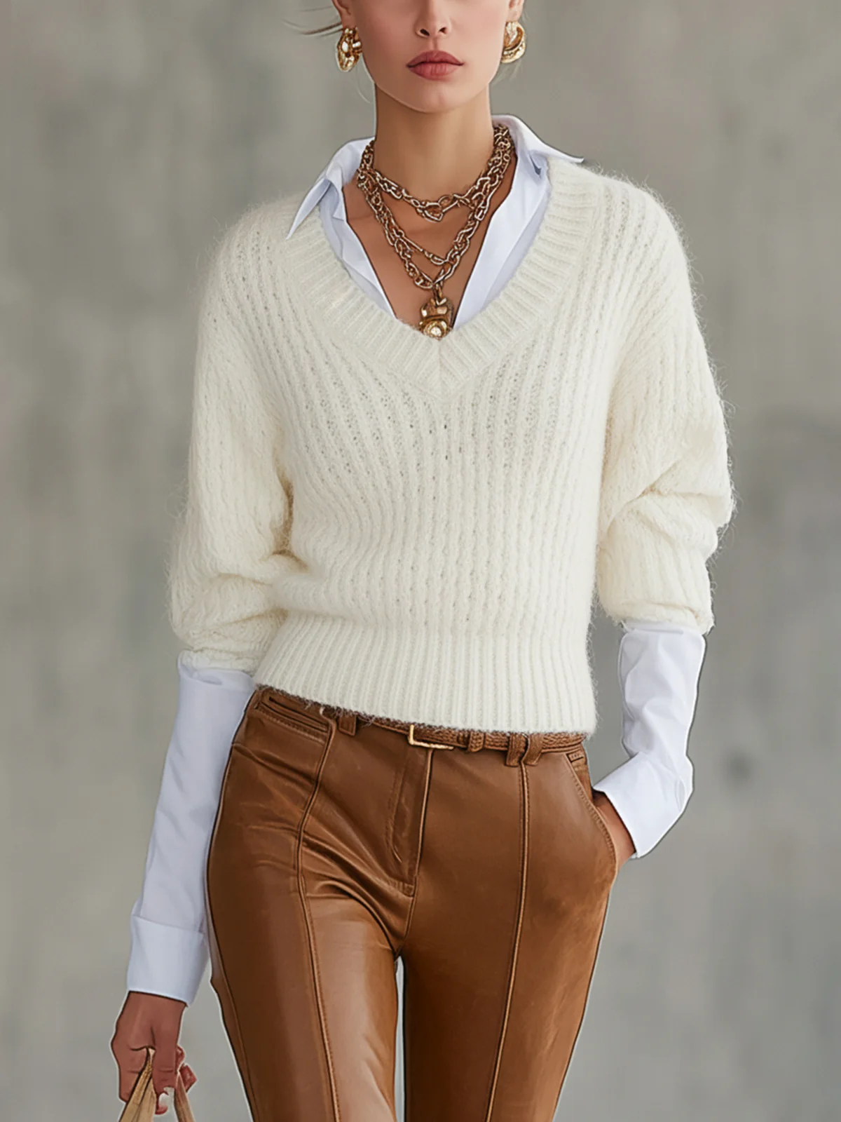 White Ribbed Shirt Collar Sweater