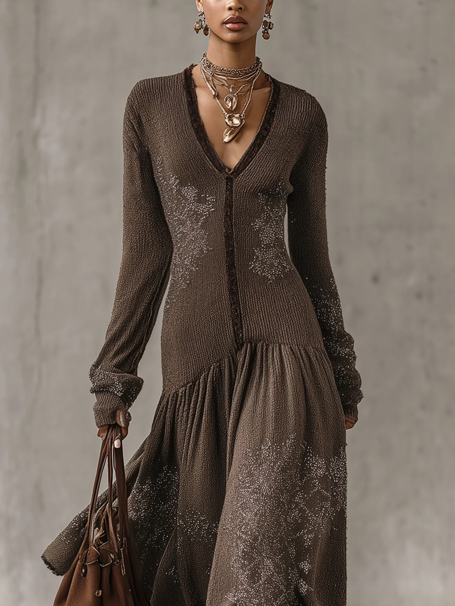 Brown Knit Fringe Bohemian Fringe Long Sleeve Maxi Dress