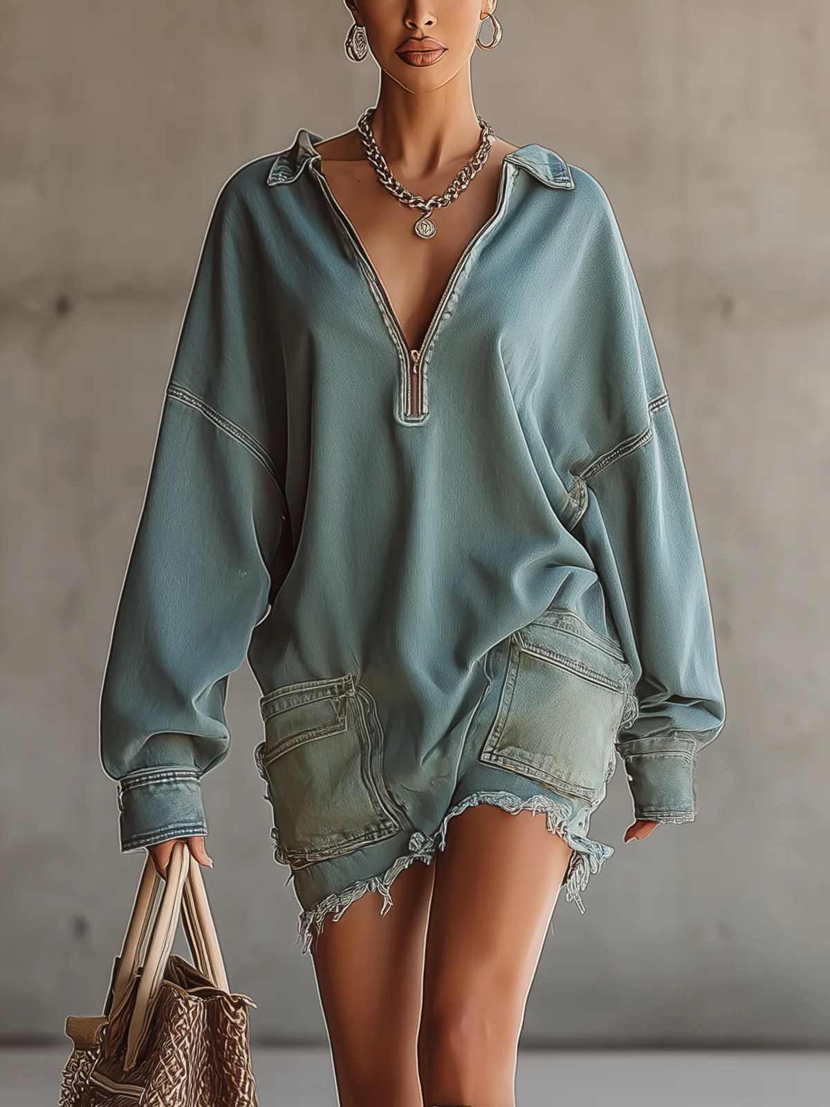 Light Blue Zip Collar Oversized Denim Mini Dress