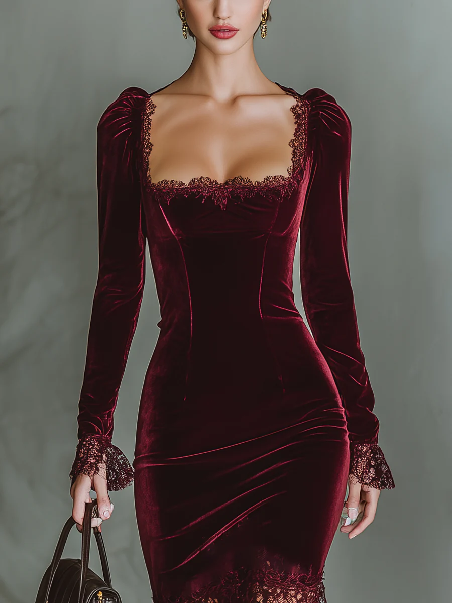 Women's Burgundy Velvet Lace Fitted Maxi Dress