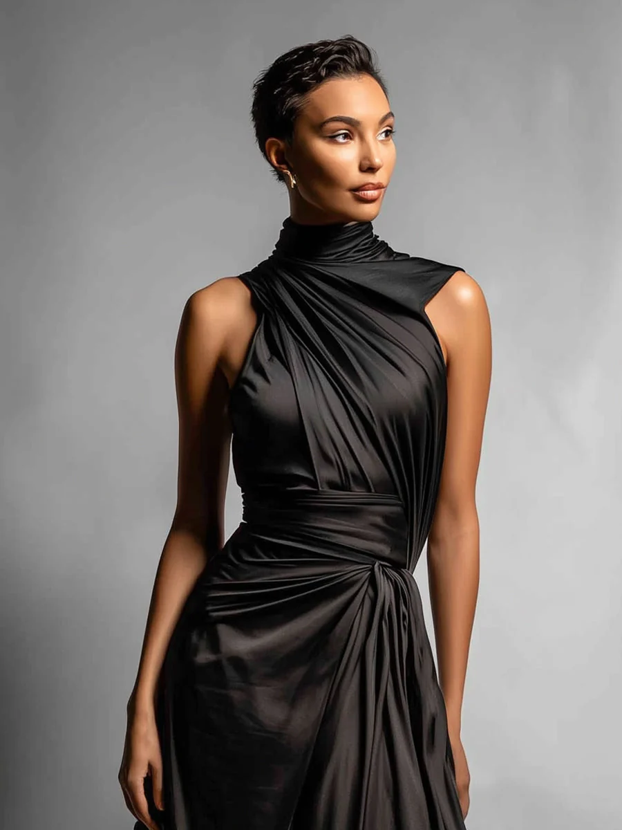 Women's Black Chic Satin Asymmetric Draped Gown