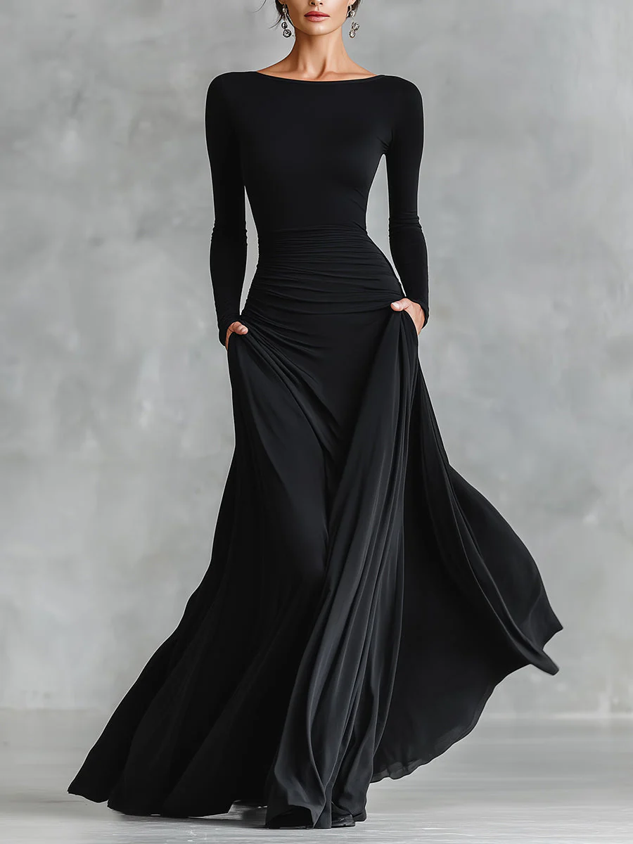 Women's Black Modern Crepe Ruched Boat - Neck Maxi Dress