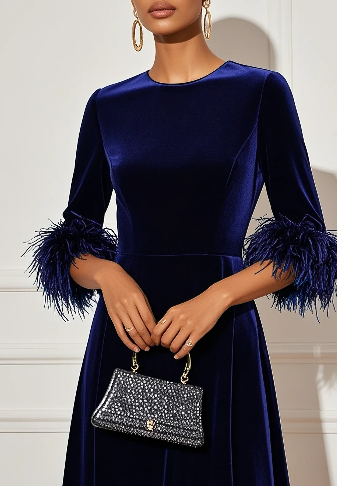 Purplish blue Feather-trimmed Velvet Crew Neck Half Sleeve A-Line Midi Dress
