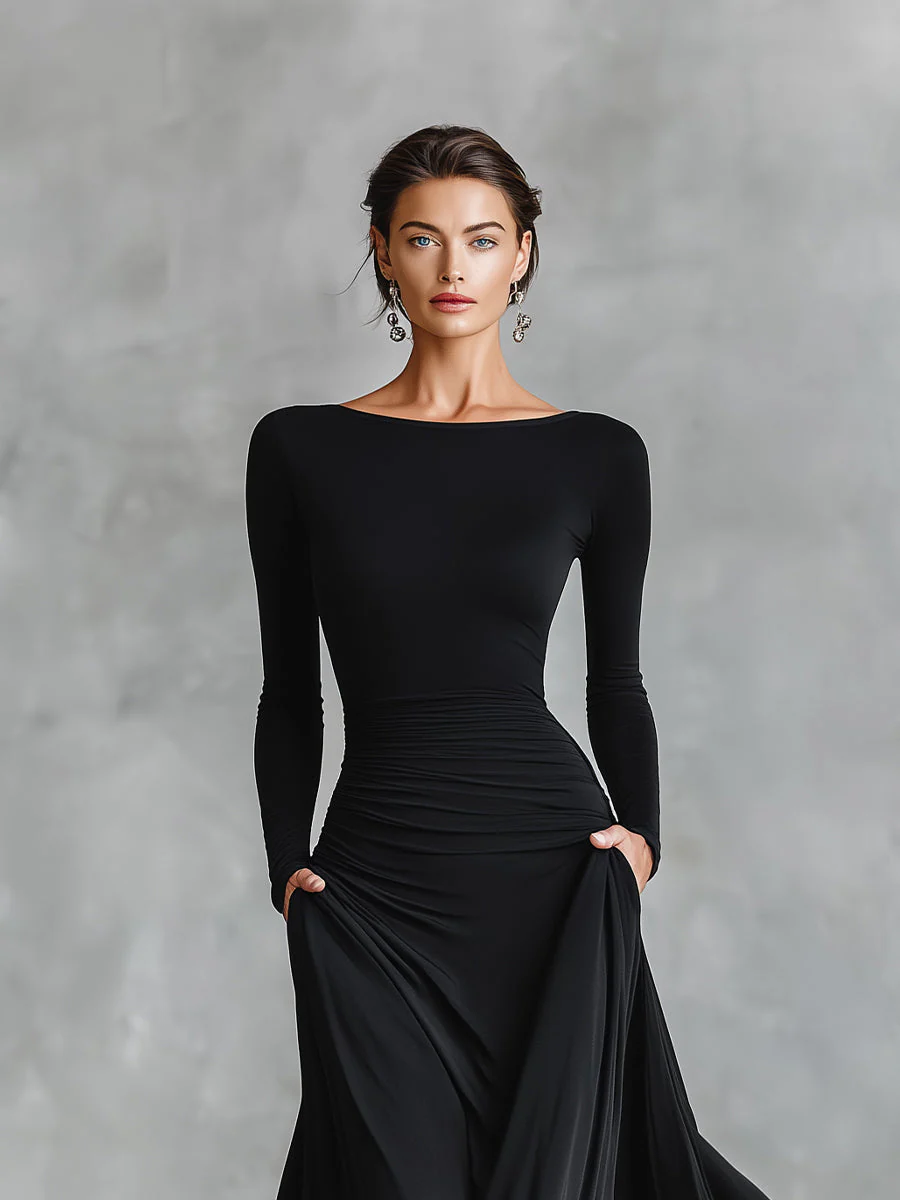 Women's Black Modern Crepe Ruched Boat - Neck Maxi Dress