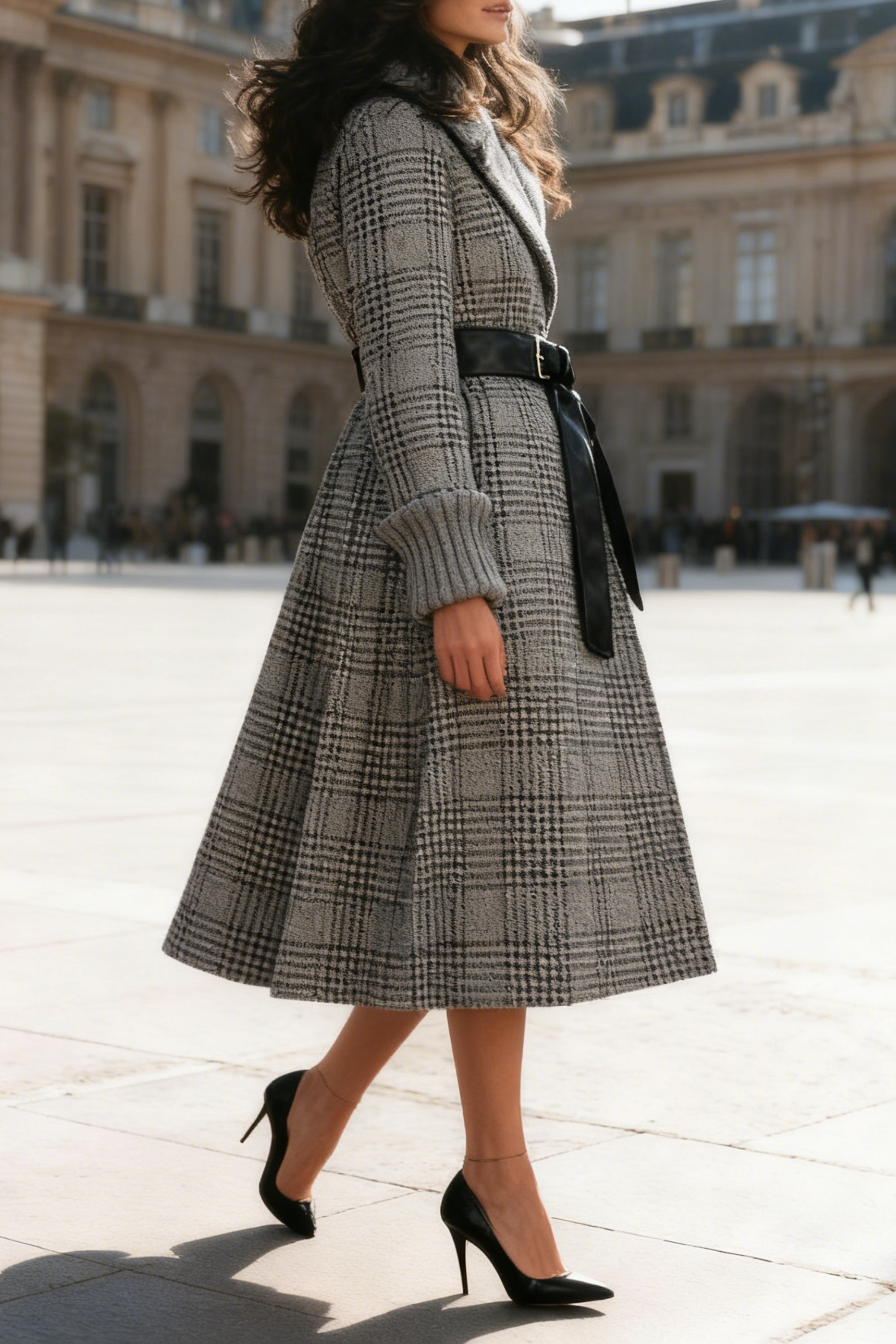 Grey Belted Plaid pattern Flared Coat