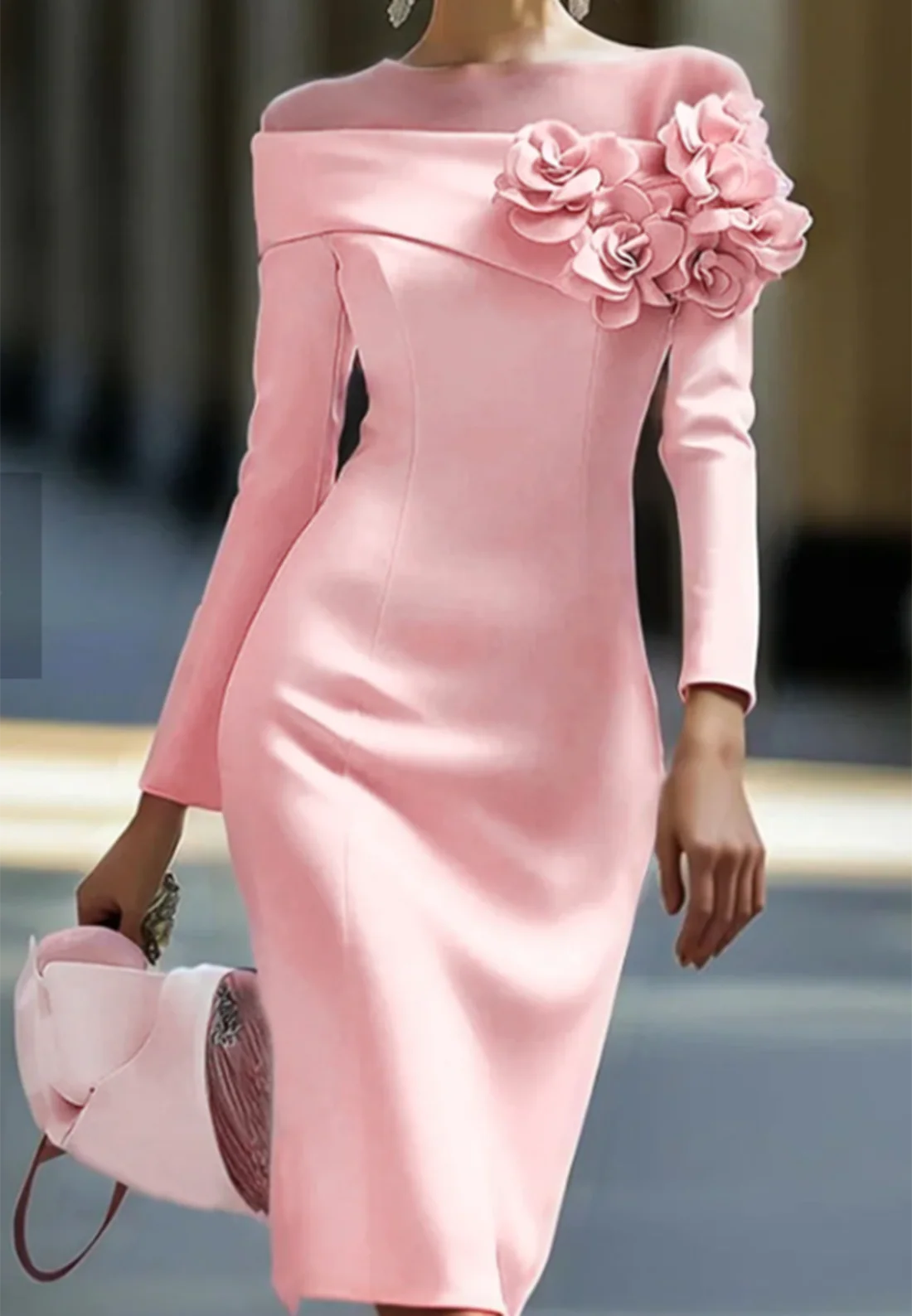 Scoop Long Sleeves Floral Embellished Sheath Cocktail Dress