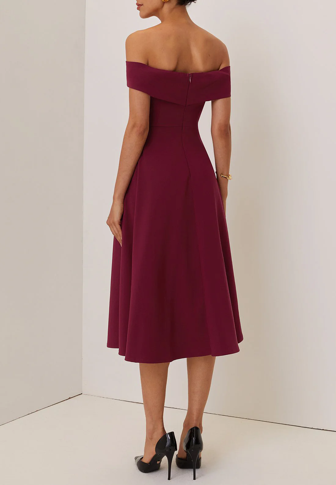 Wine Red Cross Classic Off The Shoulder Short Sleeve A-Line Midi Dress