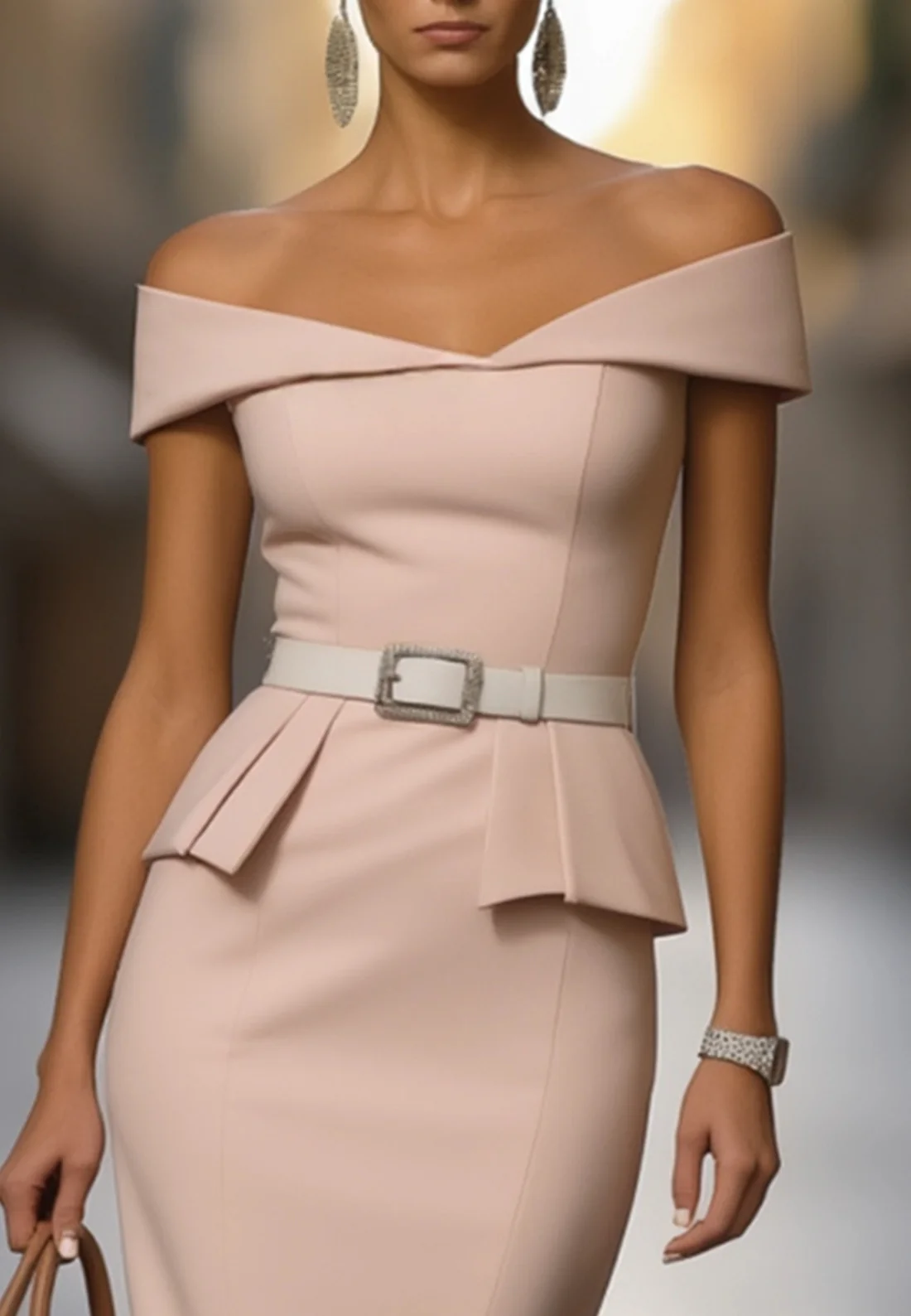 Work Dress Off the Shoulder Light Pink Belted Knee-Length Dress