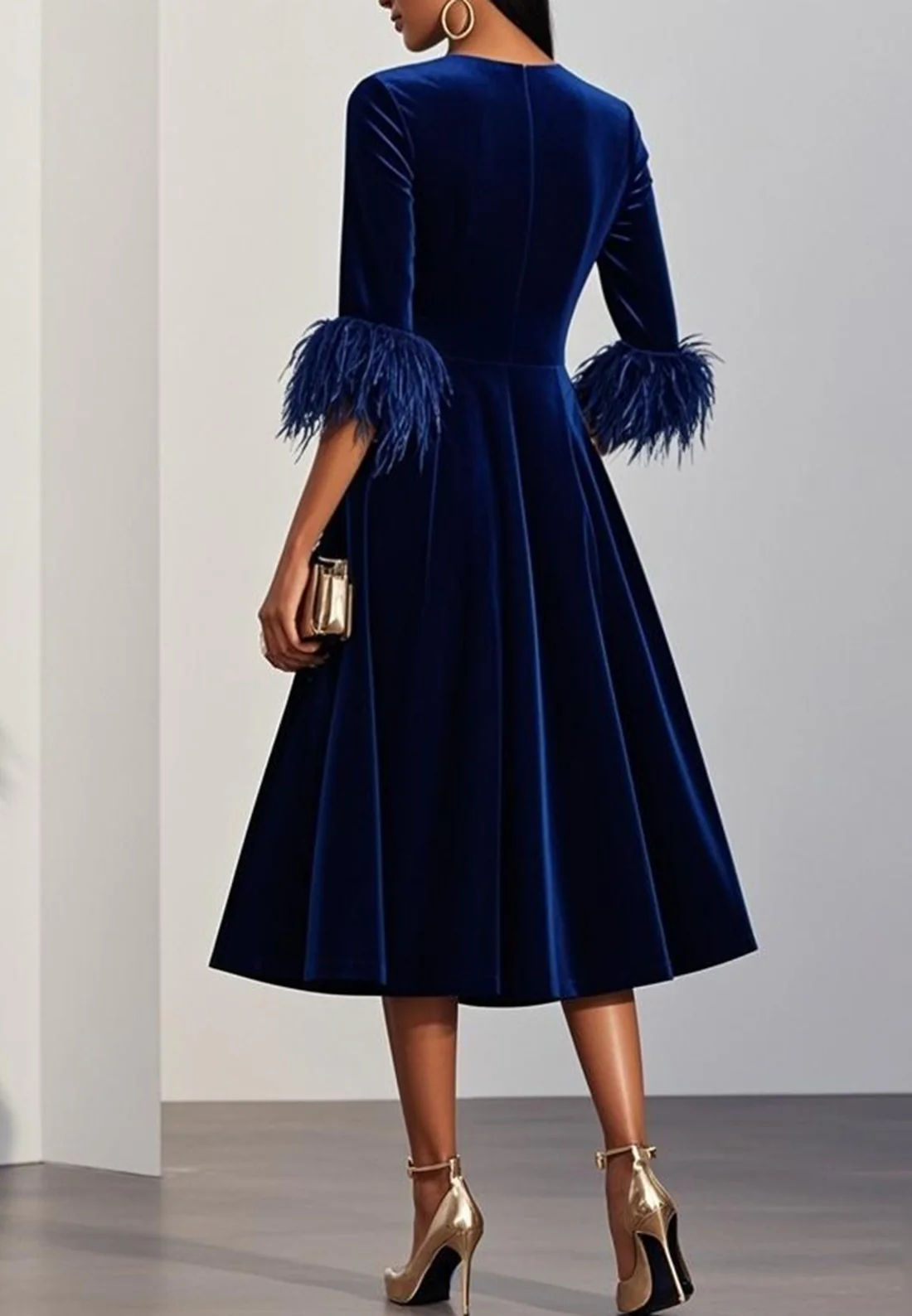 Purplish blue Feather-trimmed Velvet Crew Neck Half Sleeve A-Line Midi Dress