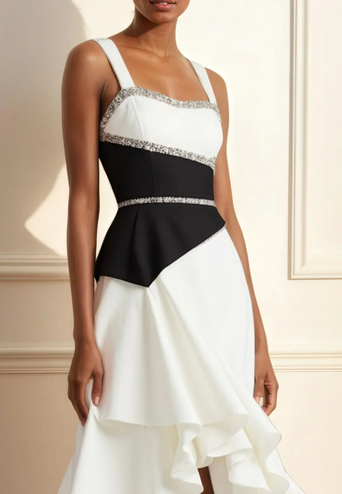 White Sequins Peplum Classic Spaghetti Gallus A-Line Midi Dress