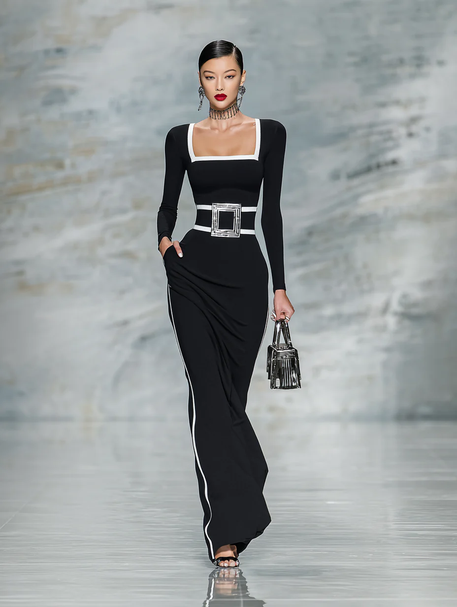 Women's Black And White Trim Square Neck Long Sleeve Tight Maxi Dress