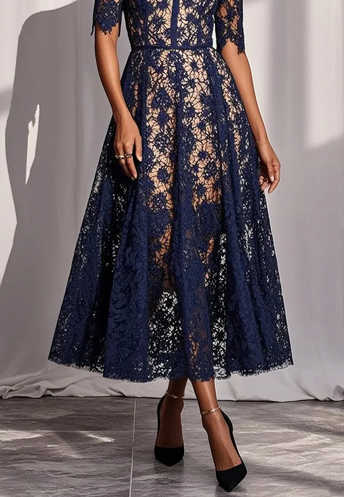 Purplish Blue Lace Off Shoulder Short Sleeve A-Line Midi Dress