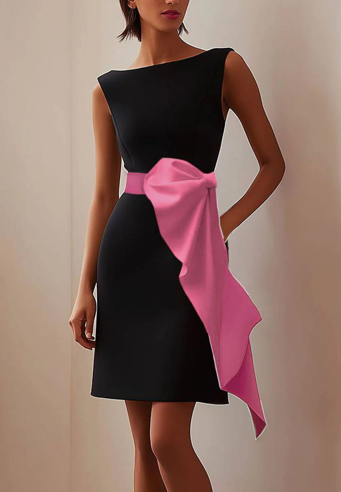 Cocktail Party Bow Dress Sleeveless Pink Belt Short Dress