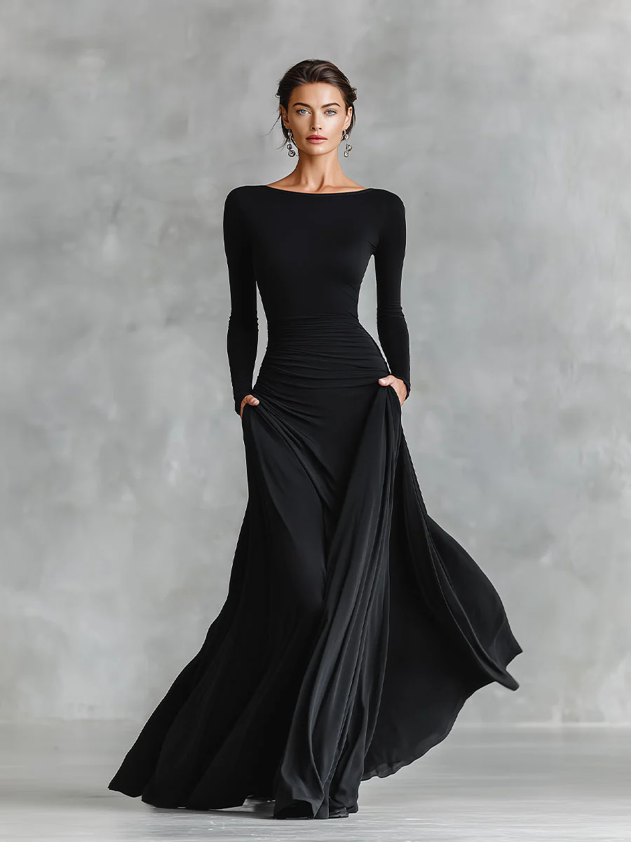 Women's Black Modern Crepe Ruched Boat - Neck Maxi Dress
